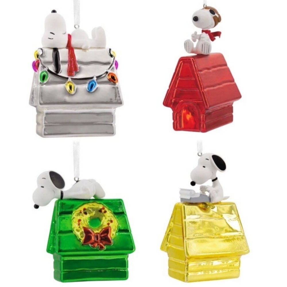 Hallmark Set of 4 Christmas Glass Ornaments Peanuts Snoopy Doghouse  5" - Picture 2 of 5